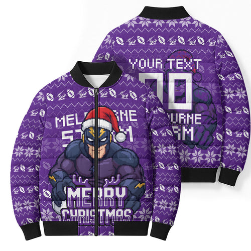 Personalized Melbourne Storm Christmas Bomber Puffer Jacket Australian Rugby Fans - Pixelated Ugly Xmas Pattern Mascot Santa