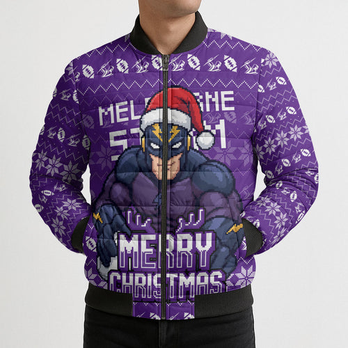 Personalized Melbourne Storm Christmas Bomber Puffer Jacket Australian Rugby Fans - Pixelated Ugly Xmas Pattern Mascot Santa