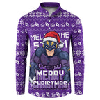 Personalized Melbourne Storm Christmas Button Sweatshirt Australian Rugby Fans - Pixelated Ugly Xmas Pattern Mascot Santa