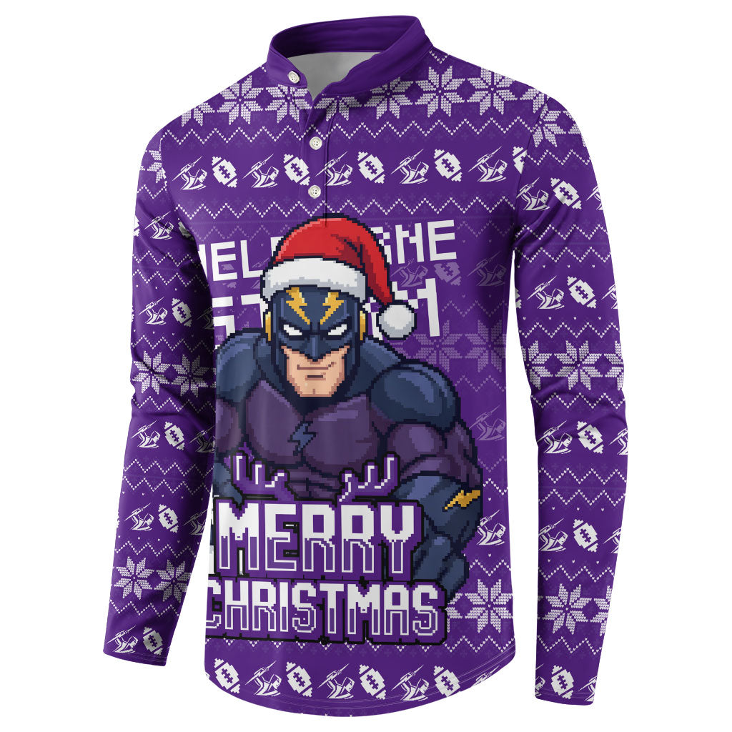 Personalized Melbourne Storm Christmas Button Sweatshirt Australian Rugby Fans - Pixelated Ugly Xmas Pattern Mascot Santa