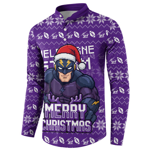 Personalized Melbourne Storm Christmas Button Sweatshirt Australian Rugby Fans - Pixelated Ugly Xmas Pattern Mascot Santa