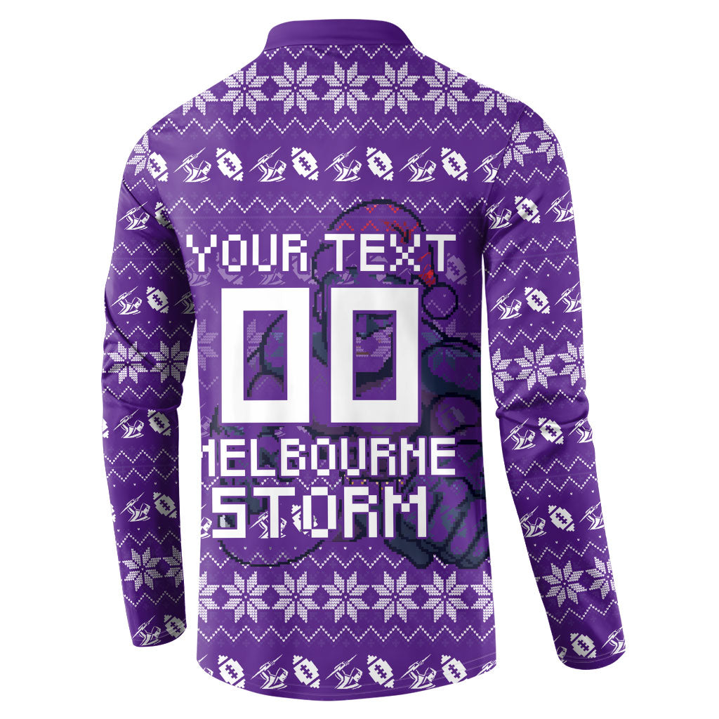 Personalized Melbourne Storm Christmas Button Sweatshirt Australian Rugby Fans - Pixelated Ugly Xmas Pattern Mascot Santa