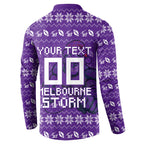 Personalized Melbourne Storm Christmas Button Sweatshirt Australian Rugby Fans - Pixelated Ugly Xmas Pattern Mascot Santa