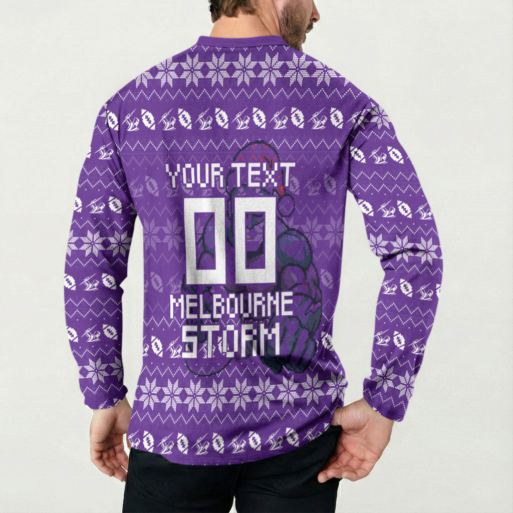 Personalized Melbourne Storm Christmas Button Sweatshirt Australian Rugby Fans - Pixelated Ugly Xmas Pattern Mascot Santa