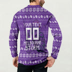 Personalized Melbourne Storm Christmas Button Sweatshirt Australian Rugby Fans - Pixelated Ugly Xmas Pattern Mascot Santa