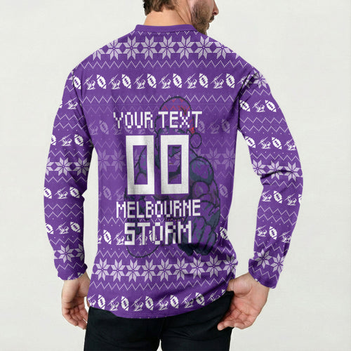 Personalized Melbourne Storm Christmas Button Sweatshirt Australian Rugby Fans - Pixelated Ugly Xmas Pattern Mascot Santa