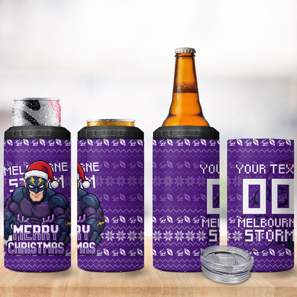 Personalized Melbourne Storm Christmas 4 in 1 Can Cooler Tumbler Australian Rugby Fans - Pixelated Ugly Xmas Pattern Mascot Santa