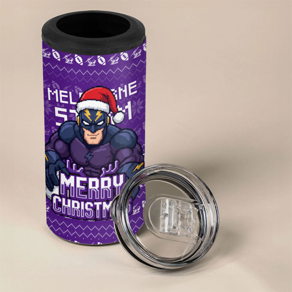 Personalized Melbourne Storm Christmas 4 in 1 Can Cooler Tumbler Australian Rugby Fans - Pixelated Ugly Xmas Pattern Mascot Santa