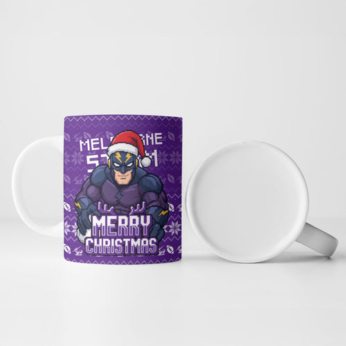 Personalized Melbourne Storm Christmas Ceramic Mug Australian Rugby Fans - Pixelated Ugly Xmas Pattern Mascot Santa