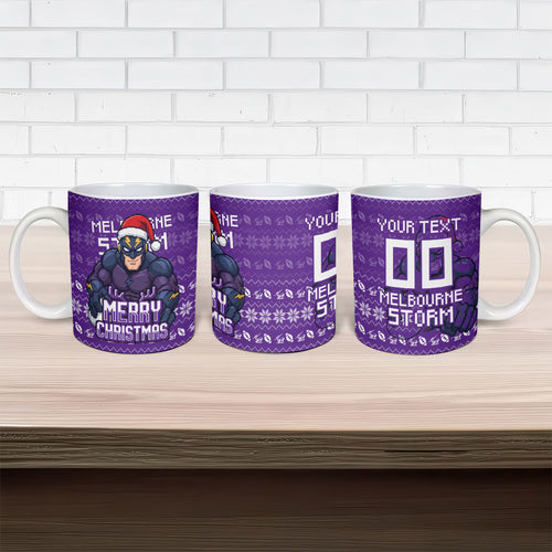 Personalized Melbourne Storm Christmas Ceramic Mug Australian Rugby Fans - Pixelated Ugly Xmas Pattern Mascot Santa