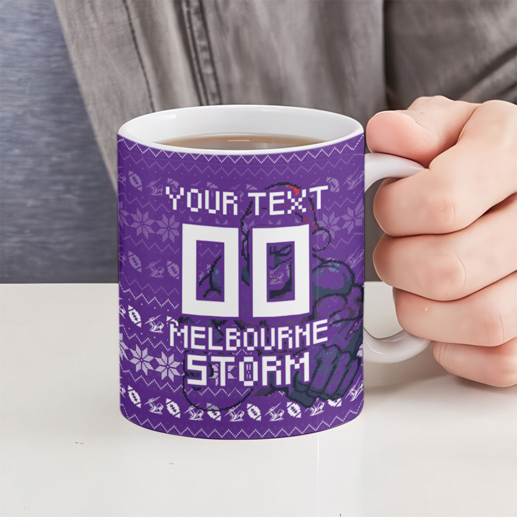 Personalized Melbourne Storm Christmas Ceramic Mug Australian Rugby Fans - Pixelated Ugly Xmas Pattern Mascot Santa