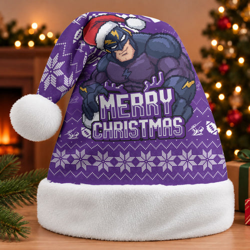 Melbourne Storm Christmas Santa Hat Australian Rugby Fans - Pixelated Ugly Xmas Pattern Mascot Santa