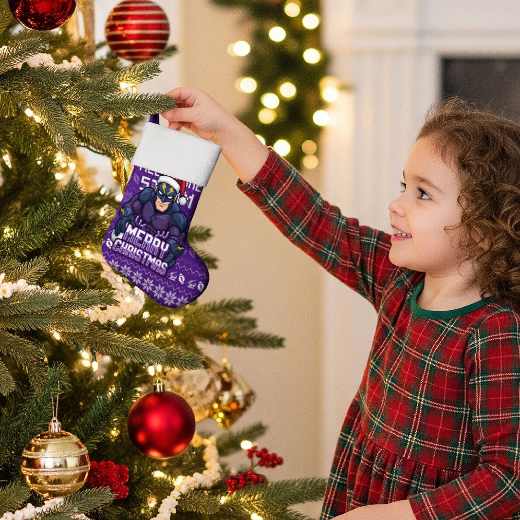 Melbourne Storm Christmas Stocking Australian Rugby Fans - Pixelated Ugly Xmas Pattern Mascot Santa