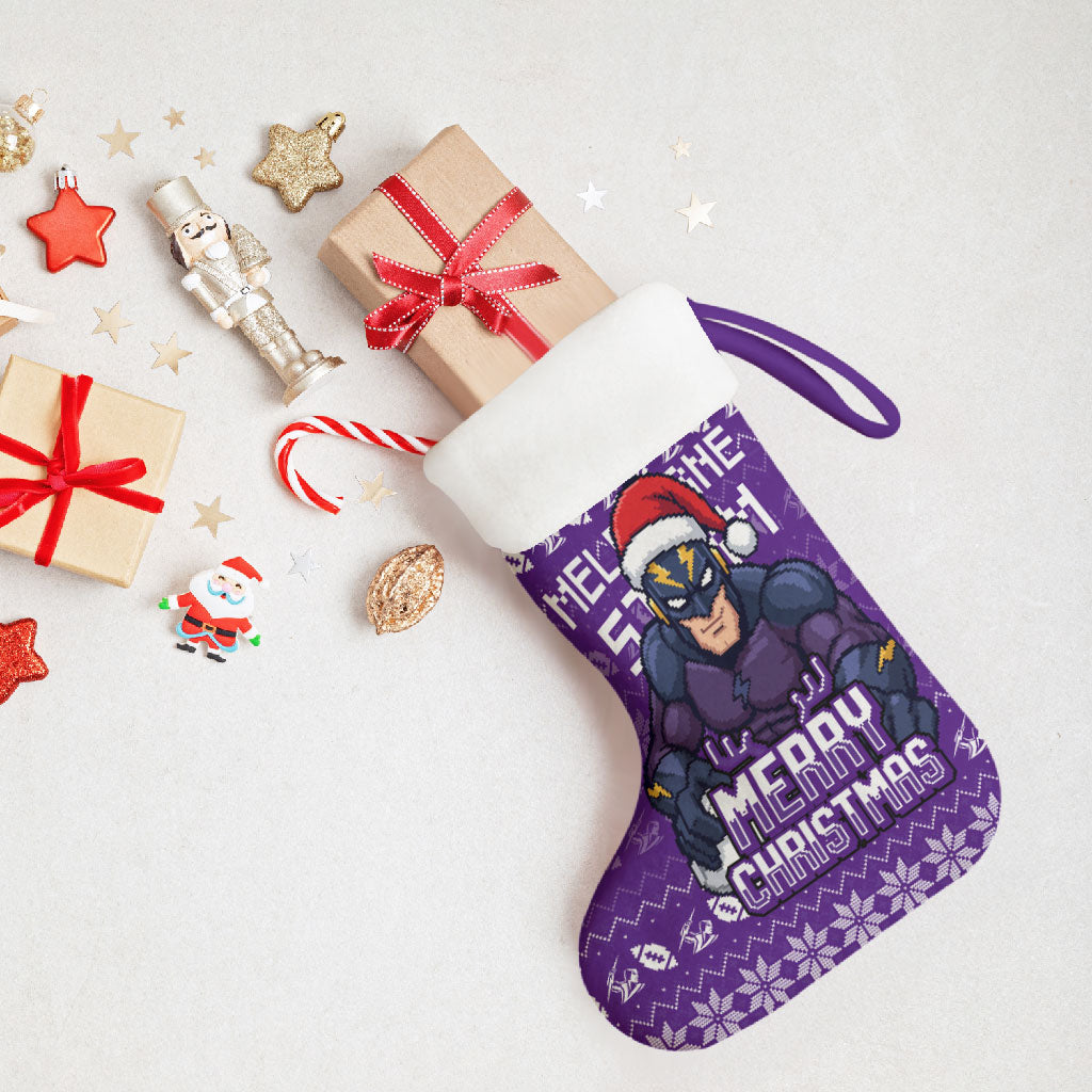 Melbourne Storm Christmas Stocking Australian Rugby Fans - Pixelated Ugly Xmas Pattern Mascot Santa
