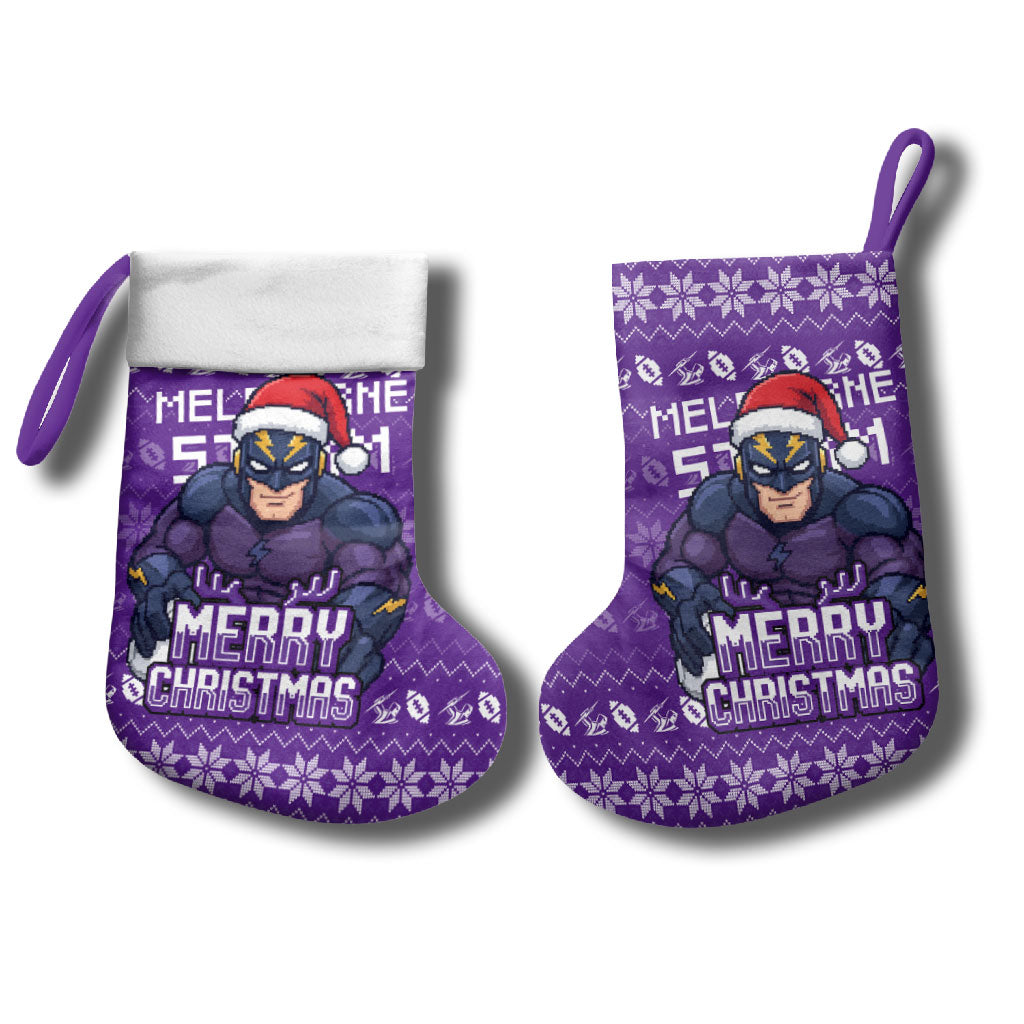 Melbourne Storm Christmas Stocking Australian Rugby Fans - Pixelated Ugly Xmas Pattern Mascot Santa