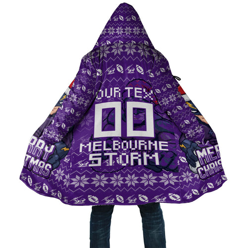 Personalized Melbourne Storm Christmas Cloak Australian Rugby Fans - Pixelated Ugly Xmas Pattern Mascot Santa