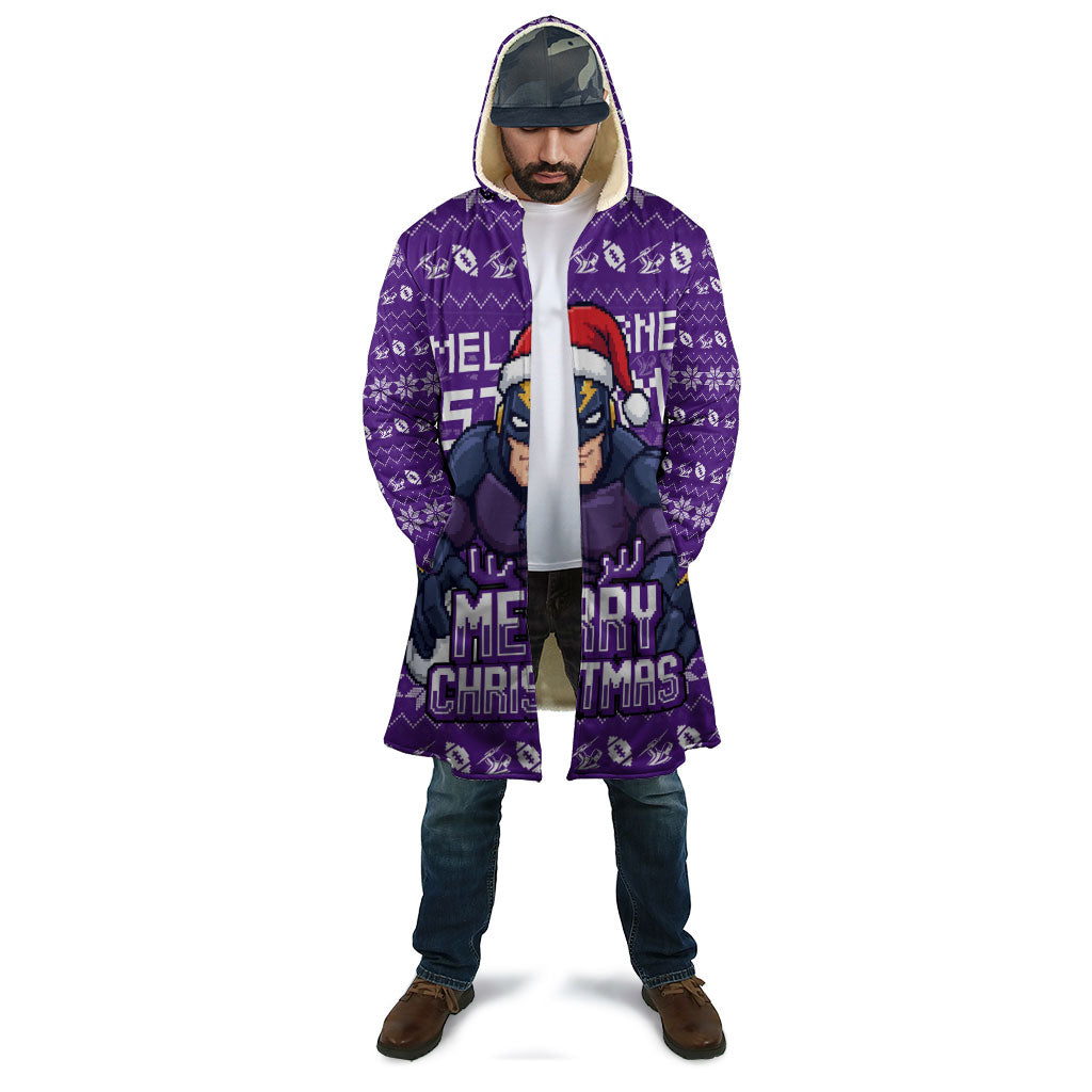 Personalized Melbourne Storm Christmas Cloak Australian Rugby Fans - Pixelated Ugly Xmas Pattern Mascot Santa
