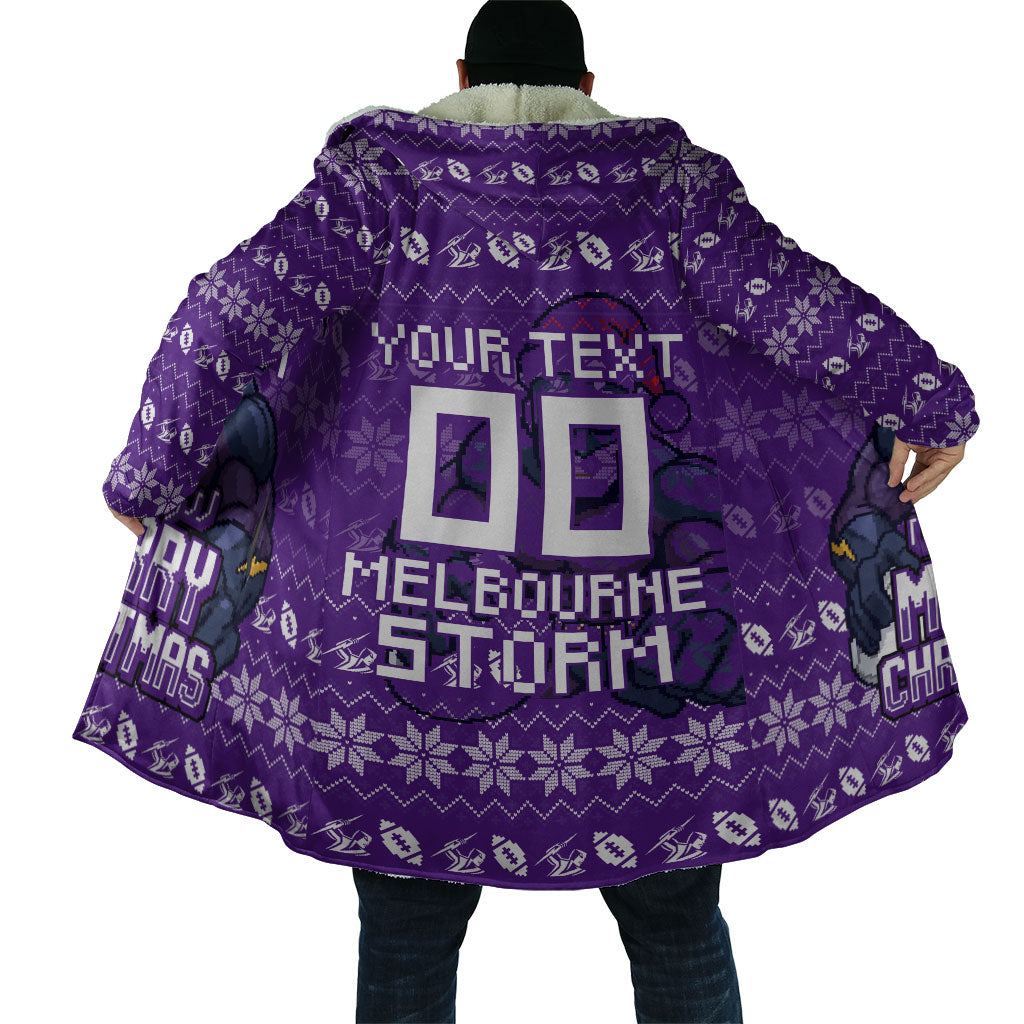 Personalized Melbourne Storm Christmas Cloak Australian Rugby Fans - Pixelated Ugly Xmas Pattern Mascot Santa
