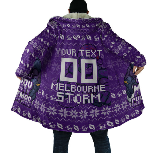 Personalized Melbourne Storm Christmas Cloak Australian Rugby Fans - Pixelated Ugly Xmas Pattern Mascot Santa