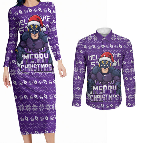 Personalized Melbourne Storm Christmas Couples Matching Long Sleeve Bodycon Dress and Long Sleeve Button Shirt Australian Rugby Fans - Pixelated Ugly Xmas Pattern Mascot Santa