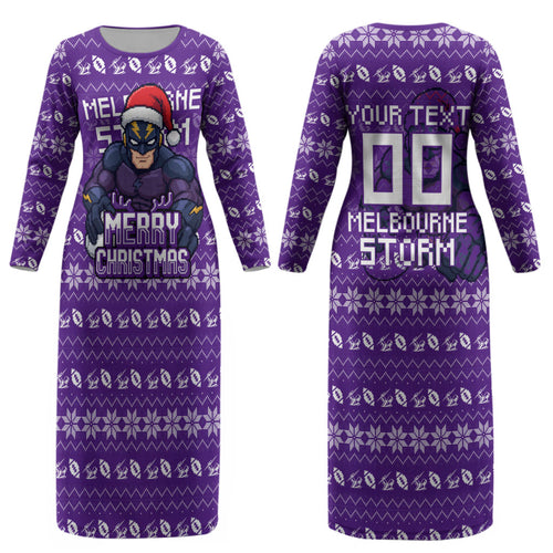Personalized Melbourne Storm Christmas Couples Matching Long Sleeve Bodycon Dress and Long Sleeve Button Shirt Australian Rugby Fans - Pixelated Ugly Xmas Pattern Mascot Santa