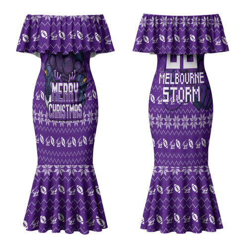 Personalized Melbourne Storm Christmas Couples Matching Mermaid Dress and Long Sleeve Button Shirt Australian Rugby Fans - Pixelated Ugly Xmas Pattern Mascot Santa