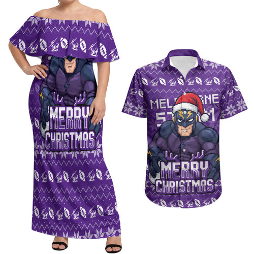 Personalized Melbourne Storm Christmas Couples Matching Off Shoulder Maxi Dress and Hawaiian Shirt Australian Rugby Fans - Pixelated Ugly Xmas Pattern Mascot Santa