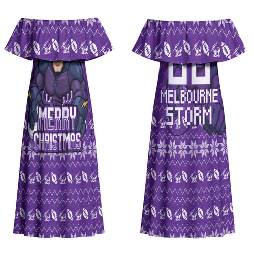 Personalized Melbourne Storm Christmas Couples Matching Off Shoulder Maxi Dress and Hawaiian Shirt Australian Rugby Fans - Pixelated Ugly Xmas Pattern Mascot Santa