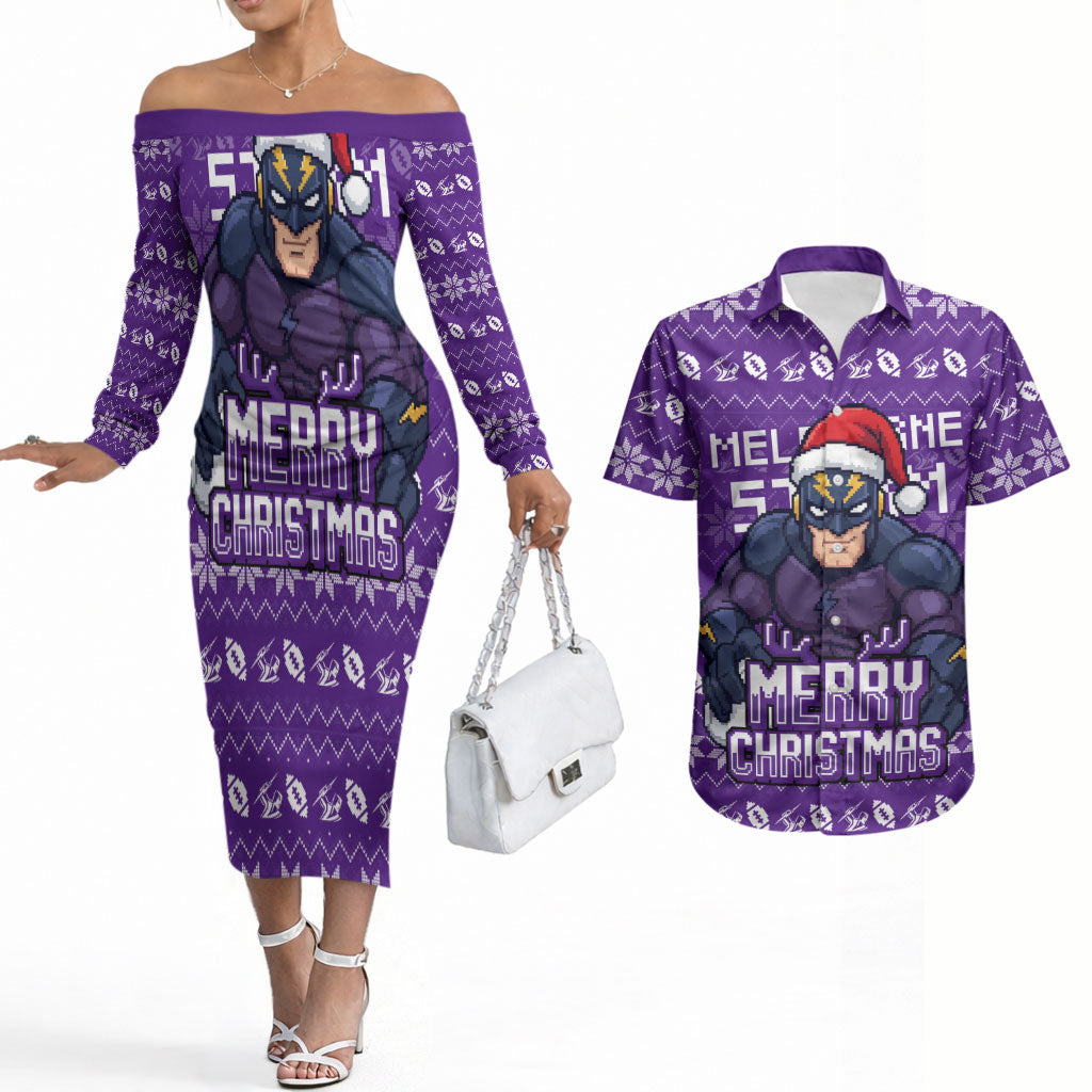 Personalized Melbourne Storm Christmas Couples Matching Off The Shoulder Long Sleeve Dress and Hawaiian Shirt Australian Rugby Fans - Pixelated Ugly Xmas Pattern Mascot Santa