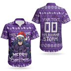Personalized Melbourne Storm Christmas Couples Matching Off The Shoulder Long Sleeve Dress and Hawaiian Shirt Australian Rugby Fans - Pixelated Ugly Xmas Pattern Mascot Santa