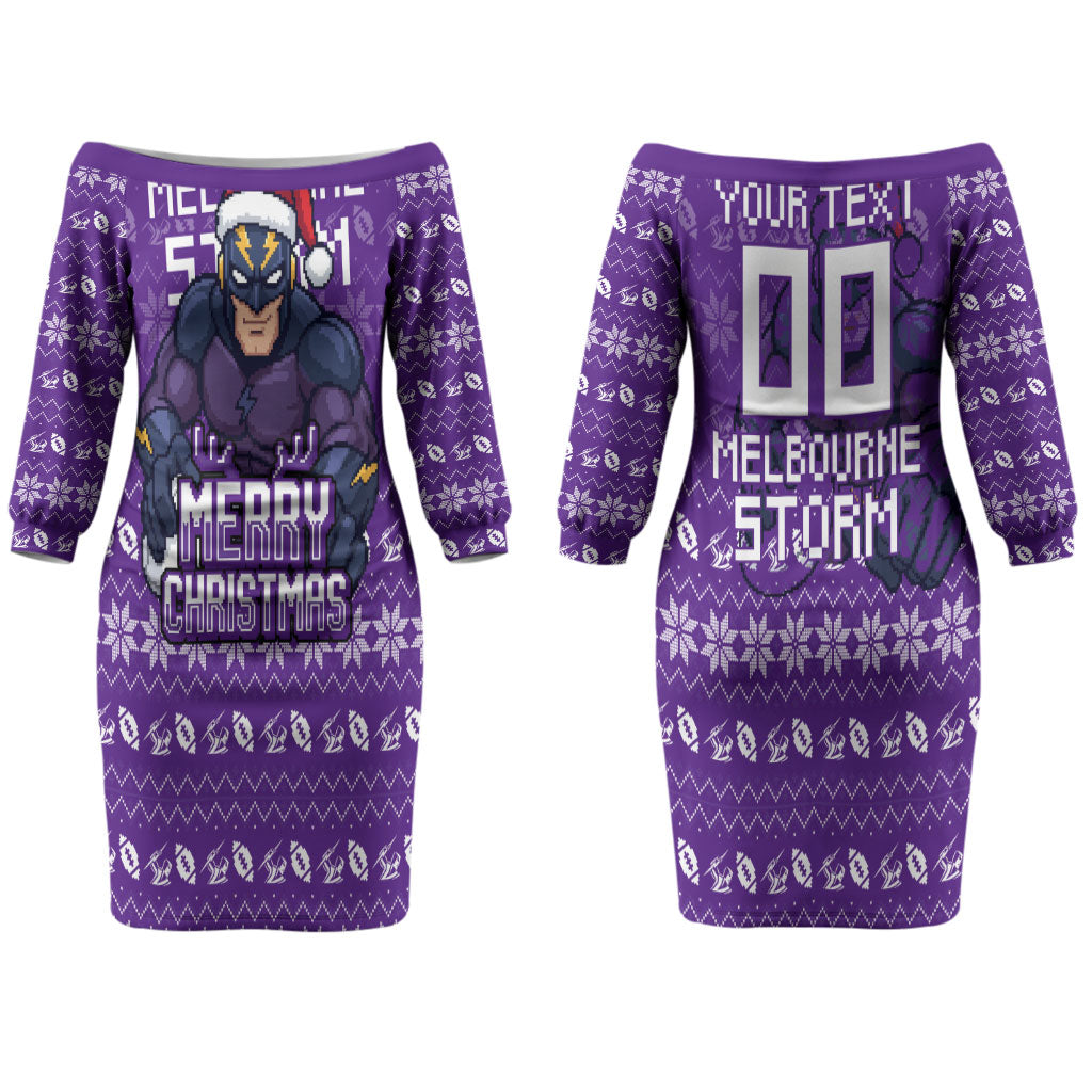 Personalized Melbourne Storm Christmas Couples Matching Off The Shoulder Long Sleeve Dress and Hawaiian Shirt Australian Rugby Fans - Pixelated Ugly Xmas Pattern Mascot Santa