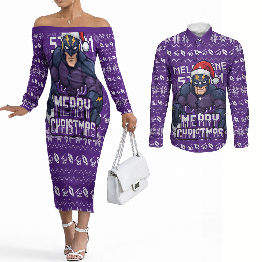 Personalized Melbourne Storm Christmas Couples Matching Off The Shoulder Long Sleeve Dress and Long Sleeve Button Shirt Australian Rugby Fans - Pixelated Ugly Xmas Pattern Mascot Santa