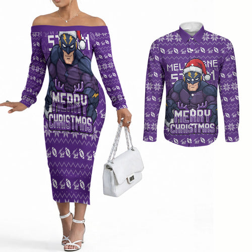 Personalized Melbourne Storm Christmas Couples Matching Off The Shoulder Long Sleeve Dress and Long Sleeve Button Shirt Australian Rugby Fans - Pixelated Ugly Xmas Pattern Mascot Santa