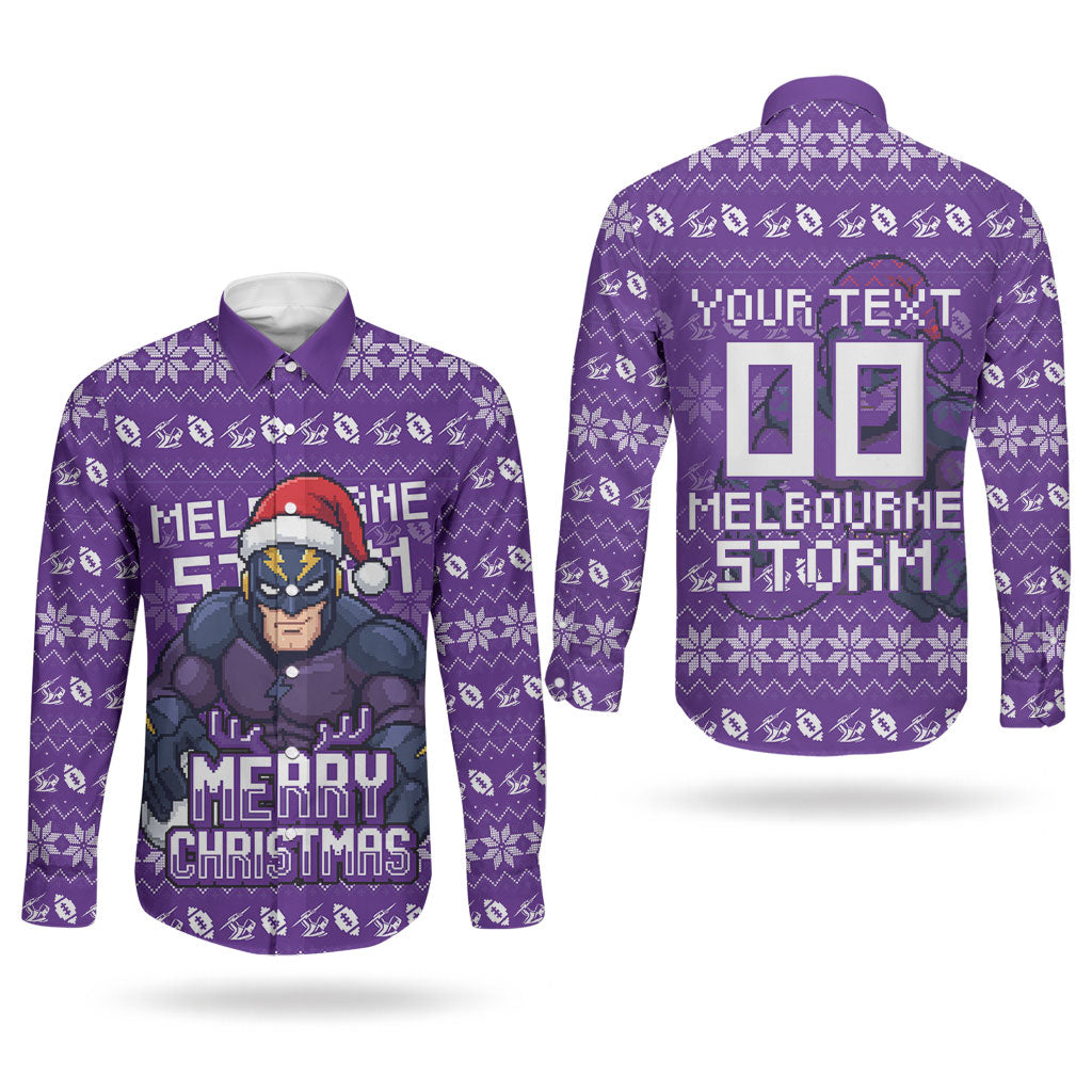 Personalized Melbourne Storm Christmas Couples Matching Off The Shoulder Long Sleeve Dress and Long Sleeve Button Shirt Australian Rugby Fans - Pixelated Ugly Xmas Pattern Mascot Santa
