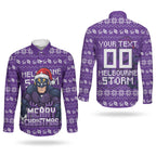 Personalized Melbourne Storm Christmas Couples Matching Off The Shoulder Long Sleeve Dress and Long Sleeve Button Shirt Australian Rugby Fans - Pixelated Ugly Xmas Pattern Mascot Santa