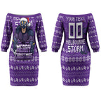 Personalized Melbourne Storm Christmas Couples Matching Off The Shoulder Long Sleeve Dress and Long Sleeve Button Shirt Australian Rugby Fans - Pixelated Ugly Xmas Pattern Mascot Santa
