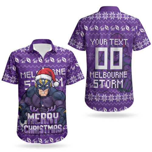 Personalized Melbourne Storm Christmas Couples Matching Puletasi and Hawaiian Shirt Australian Rugby Fans - Pixelated Ugly Xmas Pattern Mascot Santa