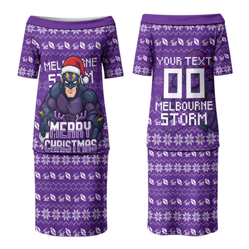 Personalized Melbourne Storm Christmas Couples Matching Puletasi and Hawaiian Shirt Australian Rugby Fans - Pixelated Ugly Xmas Pattern Mascot Santa
