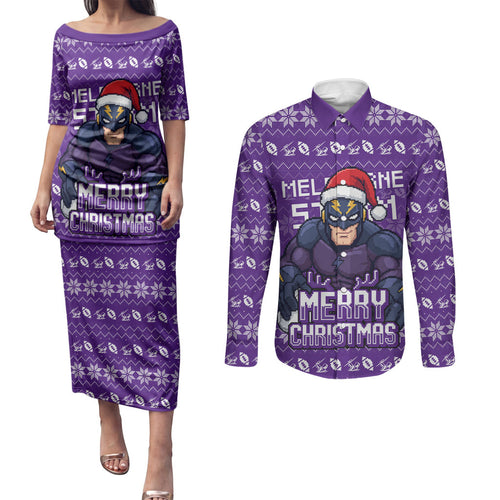 Personalized Melbourne Storm Christmas Couples Matching Puletasi and Long Sleeve Button Shirt Australian Rugby Fans - Pixelated Ugly Xmas Pattern Mascot Santa