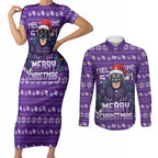 Personalized Melbourne Storm Christmas Couples Matching Short Sleeve Bodycon Dress and Long Sleeve Button Shirt Australian Rugby Fans - Pixelated Ugly Xmas Pattern Mascot Santa