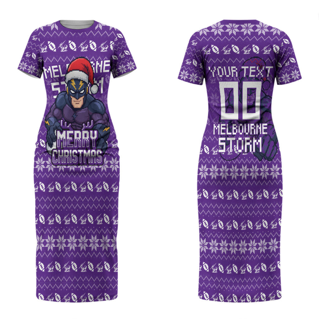 Personalized Melbourne Storm Christmas Couples Matching Short Sleeve Bodycon Dress and Long Sleeve Button Shirt Australian Rugby Fans - Pixelated Ugly Xmas Pattern Mascot Santa