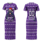 Personalized Melbourne Storm Christmas Couples Matching Short Sleeve Bodycon Dress and Long Sleeve Button Shirt Australian Rugby Fans - Pixelated Ugly Xmas Pattern Mascot Santa