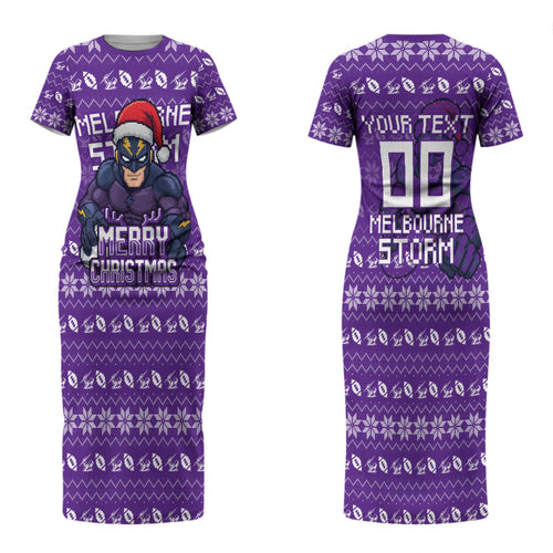 Personalized Melbourne Storm Christmas Couples Matching Short Sleeve Bodycon Dress and Long Sleeve Button Shirt Australian Rugby Fans - Pixelated Ugly Xmas Pattern Mascot Santa