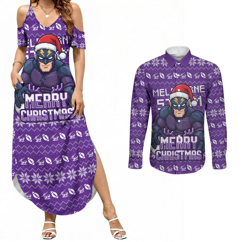 Personalized Melbourne Storm Christmas Couples Matching Summer Maxi Dress and Long Sleeve Button Shirt Australian Rugby Fans - Pixelated Ugly Xmas Pattern Mascot Santa
