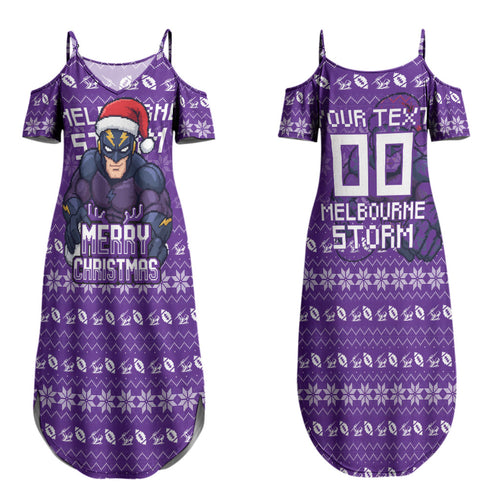 Personalized Melbourne Storm Christmas Couples Matching Summer Maxi Dress and Long Sleeve Button Shirt Australian Rugby Fans - Pixelated Ugly Xmas Pattern Mascot Santa