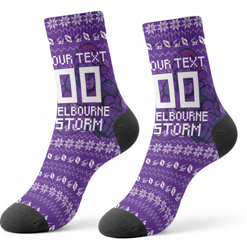Personalized Melbourne Storm Christmas Crew Socks Australian Rugby Fans - Pixelated Ugly Xmas Pattern Mascot Santa