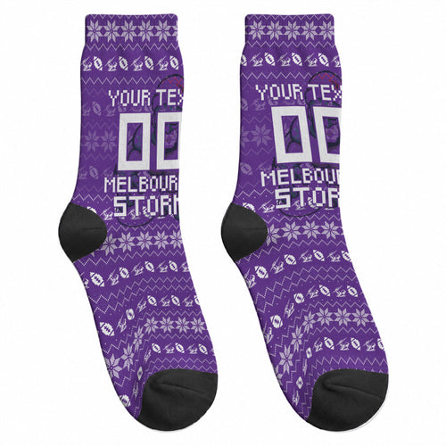 Personalized Melbourne Storm Christmas Crew Socks Australian Rugby Fans - Pixelated Ugly Xmas Pattern Mascot Santa