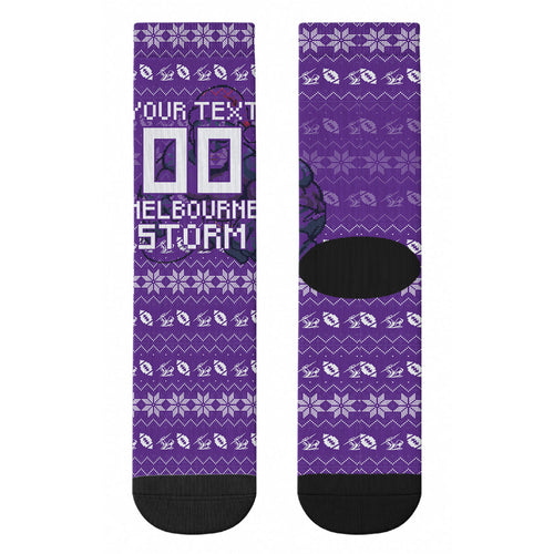 Personalized Melbourne Storm Christmas Crew Socks Australian Rugby Fans - Pixelated Ugly Xmas Pattern Mascot Santa