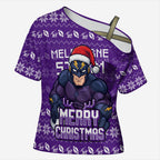Personalized Melbourne Storm Christmas Cross Shoulder Shirt Australian Rugby Fans - Pixelated Ugly Xmas Pattern Mascot Santa