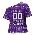 Personalized Melbourne Storm Christmas Cross Shoulder Shirt Australian Rugby Fans - Pixelated Ugly Xmas Pattern Mascot Santa